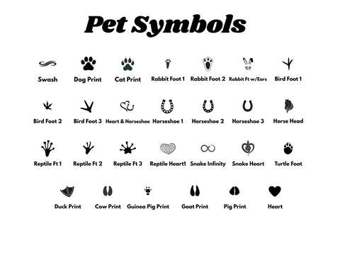 Pet Symbols chart with various footprints and animal designs including dog, cat, rabbit, bird, reptile, and heart icons.