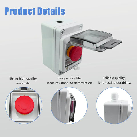 Outdoor IP67 Waterproof Emergency Stop Button With Enclosed Box 660V 10A, shown with covered switch and detailed close-ups
