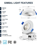 Diagram showing 4 Pack 3 Inch Gimbal LED Recessed Lights With Junction Box, 10W Waterproof Recessed Lighting details and dimensions