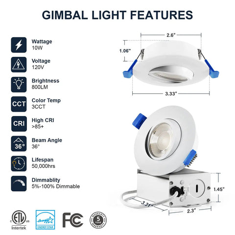 Diagram showing 4 Pack 3 Inch Gimbal LED Recessed Lights With Junction Box, 10W Waterproof Recessed Lighting details and dimensions