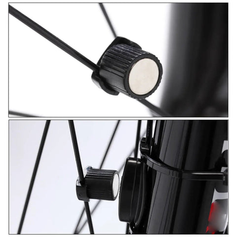 Two Pack Bike Speedometer Wheel Magnets For Spoke Sensor attached to round bicycle spokes.