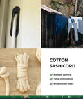 All Purpose Cotton Sash Cord Rope With Built Tough Reinforced Core And Thick Cotton Cover For Window Sashing, Clotheslines, And Decor DIY Projects Three Eighths Inch By Six Hundred Feet Natural shown in window sashing and clothesline use.