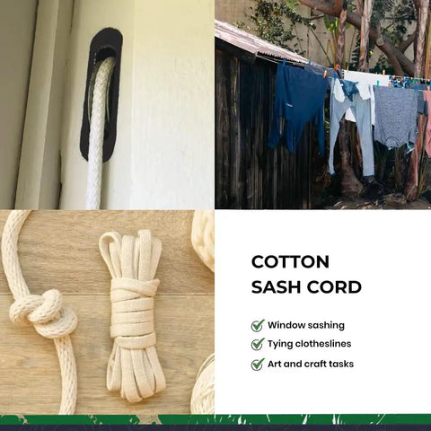 All Purpose Cotton Sash Cord Rope With Built Tough Reinforced Core And Thick Cotton Cover For Window Sashing, Clotheslines, And Decor DIY Projects Three Eighths Inch By Six Hundred Feet Natural shown in window sashing and clothesline use.