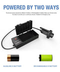 Portable Camping Shower Pump Powered By Four D Batteries, battery holder and shower head, two battery types shown