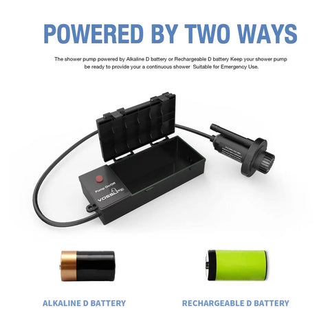 Portable Camping Shower Pump Powered By Four D Batteries, battery holder and shower head, two battery types shown