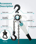 TOYO lever chain hoist with steel hooks and chain, white body, 20 ft chain length, front view