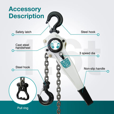 TOYO lever chain hoist with steel hooks and chain, white body, 20 ft chain length, front view