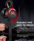 Manual Chain Hoist 1 Ton Capacity With 10 Ft Lift And 2 Hooks, shown in use with steel chain and 360° rotating hook