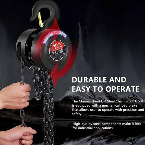 Manual Chain Hoist 1 Ton Capacity With 10 Ft Lift And 2 Hooks, shown in use with steel chain and 360° rotating hook