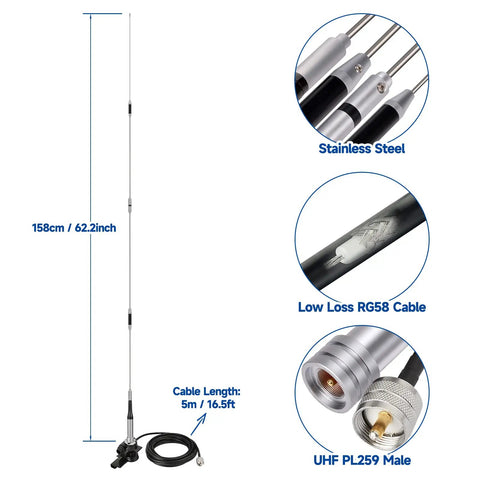 Beefy 62 Inch Mobile Ham Radio Antenna Dual Band 144 430 MHz With Lip Mount And 16.5 Ft RG58 Cable Stainless Steel
