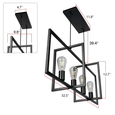 4 Light Modern Farmhouse Kitchen Island Chandelier Matte Black Industrial Pendant Lighting For Dining Room Bar And Living Area With Adjustable Height And Open Geometric Frame To Nail That Bar Vibe, dimensions labeled in image.