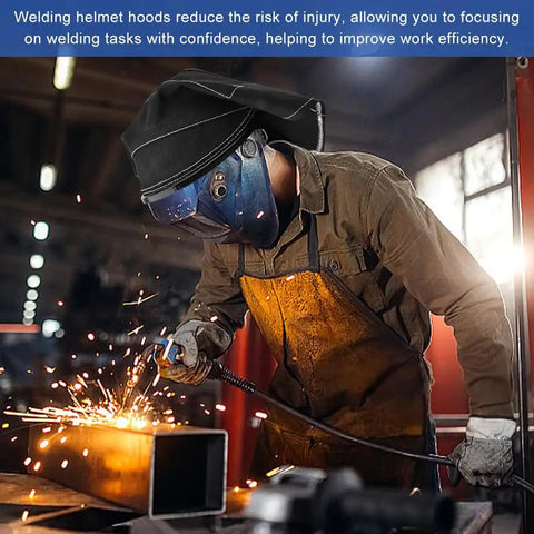 Welder wearing a black Welding Helmet Cover Pro Grade Extended Head Cover With Press Fit Seal Full Protection Cotton Welding Head Cover For Most Helmets Easy Install Weld Hood Accessory Black, sparks flying.