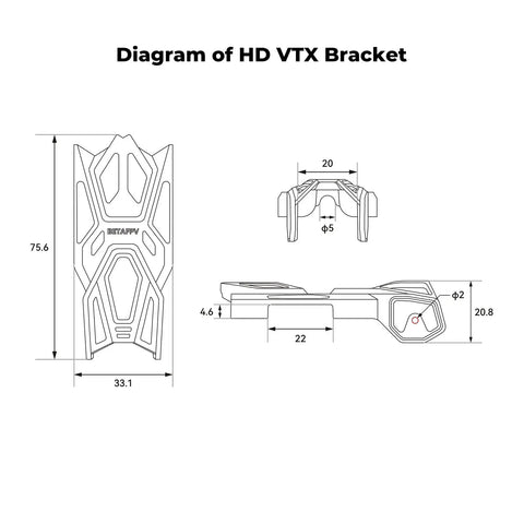 Technical diagram of Pavo Femto Brushless Whoop Frame With HD VTX Bracket showing dimensions for 75mm wheelbase drone component.