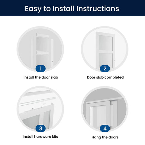 Installation steps for Sliding Closet Door Set For 72x80 Inch Openings, 3 Lite Frosted Glass MDF Barn Door With Hardware Kit.