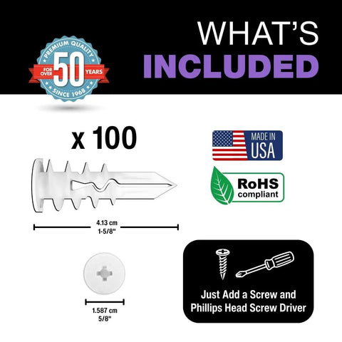 Self Drilling Drywall Anchors For Hollow Walls Pack Of 100 Glass Filled Nylon No Screws Needed For Size 6 To 10 Fasteners Easy Install