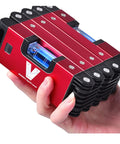 Foldable 28 Inch Magnetic Level With 45 90 180 Bubble Angles, pro grade tool held showing compact folded design for tight spaces.