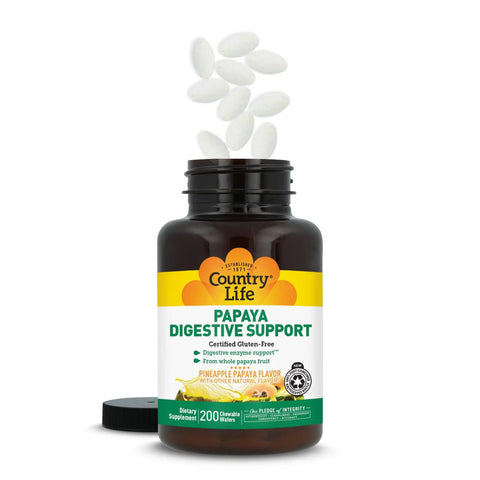 Kickstart Your Gut Game With This High Potency Papaya Digestive Enzyme Blend Featuring 200 Delicious Chewable Wafers For Keeping Things Moving Smooth And Bloat Free Daily in a bottle with wafers.