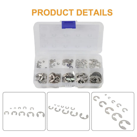 E Clip Circlip Retaining Ring Set In 304 Stainless Steel 120 Piece Assortment Kit With 12 Size Range, clear case with rings inside