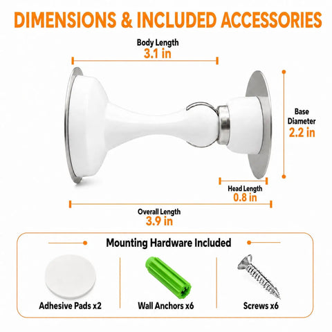 Dimensions of White Magnetic Door Stopper No Drill Wall Or Floor Mount With Slick 3D Adhesive Backing And Solid Steel Hardware for Heavy Duty Home Fixes.