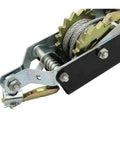 Close-up of gears on Heavy Duty Manual Hand Winch With Steel Wire Rope For Lifting And Tensioning Cargo Puller And Tightener No Power Needed Double Hook 1 To 4 Ton Capacity Rugged Off Grid Workhorse For Tools And Equipment