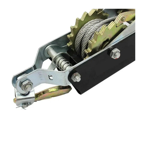 Close-up of gears on Heavy Duty Manual Hand Winch With Steel Wire Rope For Lifting And Tensioning Cargo Puller And Tightener No Power Needed Double Hook 1 To 4 Ton Capacity Rugged Off Grid Workhorse For Tools And Equipment
