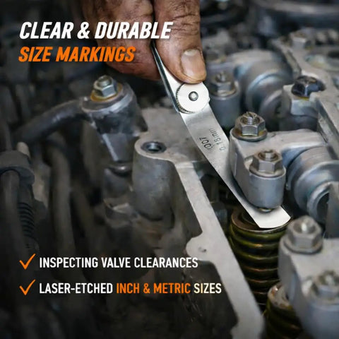 Person using Pro Grade Stainless Steel Feeler Gauge Set With 32 Straight And 16 Angled Blades Dual Marked SAE And Metric Spark Plug Gap Tool in an engine.