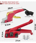 Heavy Duty Electric Strapping Machine With Heat Welding Tool Kit For Portable PP Banding, featuring red handheld applicator, dimensions shown.