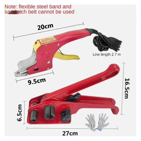 Heavy Duty Electric Strapping Machine With Heat Welding Tool Kit For Portable PP Banding, featuring red handheld applicator, dimensions shown.