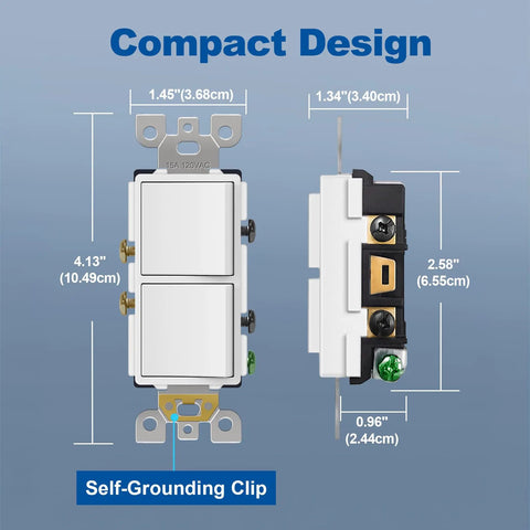 Double Paddle Rocker Decorator Light Switch For Single Pole Wiring Dual Self Grounding On Off Interrupter 15 Amp In Wall Switches UL Listed 10 Pack White compact design and self-grounding clip