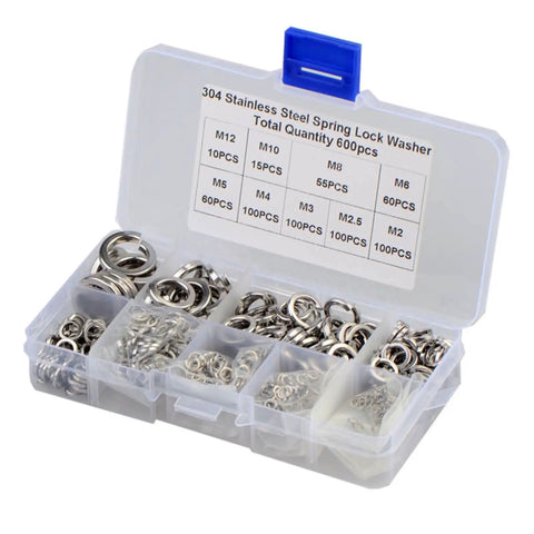 600Pcs 304 Stainless Steel Spring Split Lock Washer Assortment Set M2 M2.5 M3 M4 M5 M6 M8 M10 M12 For Screws And Nuts Heavy Duty Vibration Resistant Hardware Kit in storage case