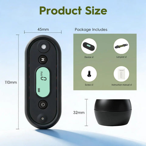 Road Trip Ready Carbon Monoxide Detector For Vehicle And Campers IP67 Waterproof Shockproof CO Alarm showing size and contents