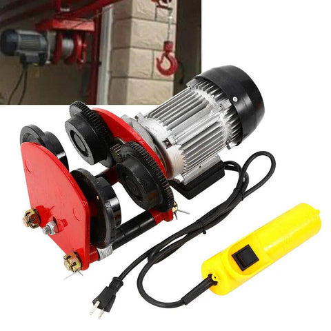 Heavy Duty 2200 Lb Electric Hoist Trolley With I-Beam Design close-up showing motor, pulleys, and remote control for crane lifts.