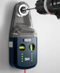 Close-up of 4 In 1 Laser Level Tool With Line Laser And Dust Collector, Wall Bracket, Electronic Vacuum Suction Cup, 1800 mAh Battery, Leveler For Picture Hanging Painting And Home Renovations mounted on a wall with a drill.