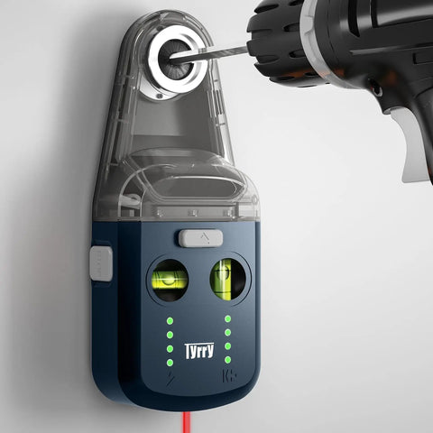 Close-up of 4 In 1 Laser Level Tool With Line Laser And Dust Collector, Wall Bracket, Electronic Vacuum Suction Cup, 1800 mAh Battery, Leveler For Picture Hanging Painting And Home Renovations mounted on a wall with a drill.