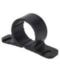 Black plastic 1/2-inch pipe clamp with mounting base for PEX, copper, and CPVC pipes