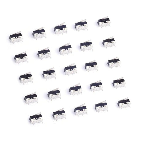 Twenty Five Pack AC 125V 1A Three Pin SPDT Momentary Micro Switch With Long Lever Arm for Arduino Projects arranged in rows