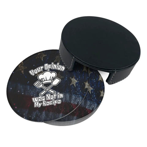 Leather Coasters Set Six Pieces With Holder featuring printed design and stars, ideal for home bar office weddings and parties