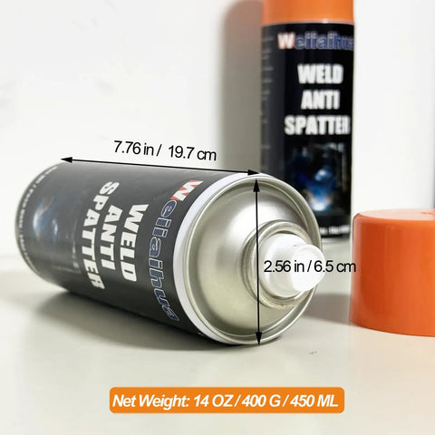 Anti Spatter Welding Spray 2 Pack 14 Oz Each For TIG And MIG Arc Welding Robots Universal Weld Protectant shown with measurements