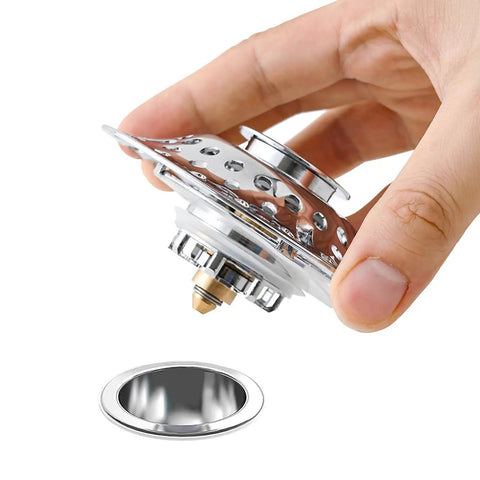 Lightweight Stopper, Bathtub Drain Plug for Various Drain in hand, showcasing shiny metal design and drain opening.