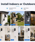 Two Pack 2K Wireless Solar Security Cameras mounted on villa, ranch fence, shop exterior, living room, and office for versatile property monitoring.