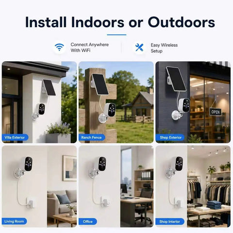 Two Pack 2K Wireless Solar Security Cameras mounted on villa, ranch fence, shop exterior, living room, and office for versatile property monitoring.