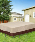 Waterproof Patio Furniture Cover With Padded Handles For Rectangular Dining Table And Chairs Heavy Duty 600D Oxford UV Stabilized And Weatherproof Coating Outdoor All Weather Protection For Table And Chairs Medium installed on outdoor furniture