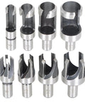 8 Piece Heavy Duty Carbon Steel Wood Plug Cutter Set With Four Tooth Chamfered Bits showing various drill bit shapes and sizes.