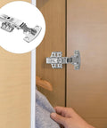 Stainless steel kitchen cabinet hinge with self-closing buffer, mounted on wood cabinet door; inset close-up of hinge.