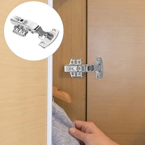 Stainless steel kitchen cabinet hinge with self-closing buffer, mounted on wood cabinet door; inset close-up of hinge.
