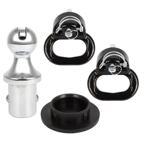 Heavy Duty Trailer Gooseneck Ball With Integrated Safety Chain Kit For Dodge Ram 2500 And 3500 Puck System Towing Setup showing chrome ball and anchors.
