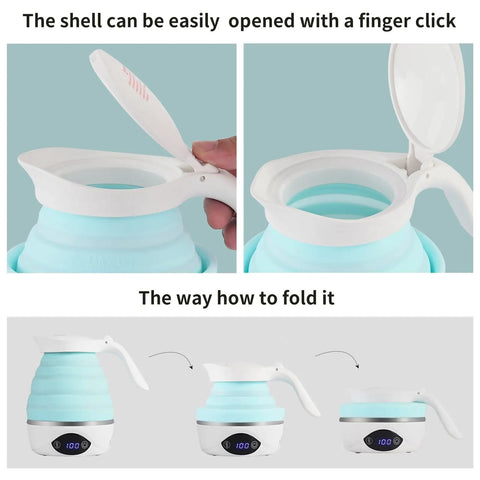 Instructions showing how to open and fold a blue Collapsible Travel Electric Kettle Portable Foldable Water Boiler BPA Free