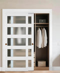 Space Saving Sliding Closet Doors Kit For 60 Inch Opening, 31 Inch Panels, 80 Inch High Frosted Glass 5 Lite Double Doors With Hardware Kit And Floor Guide, Easy Assembly No Swing Space Needed
