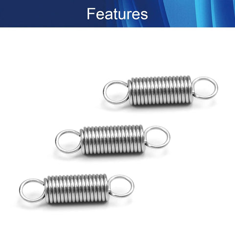 Three stainless steel dual-hook tension springs with looped ends.