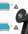 Handheld pneumatic chamfering tool with 1/4 in air inlet, black body and blue rotating head